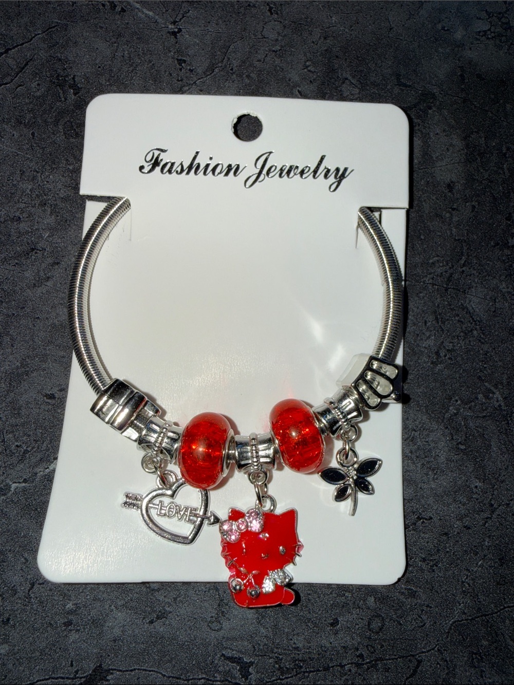 Red Charm Bracelet with Cat and Heart Pendants